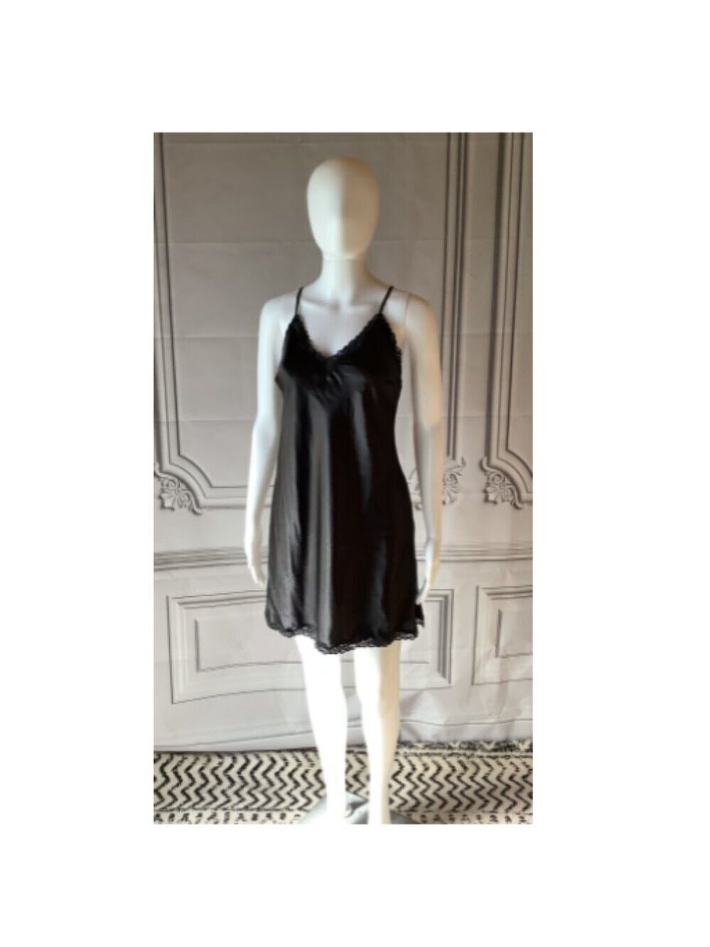 Satin Lace-Trim Chemise Nightdress - Black
